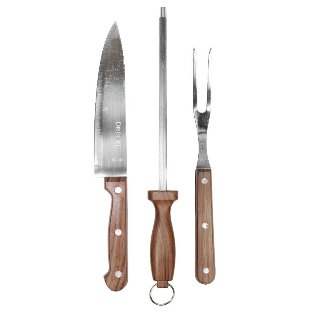 Kit para churrasco com 3 peças cabo madeira